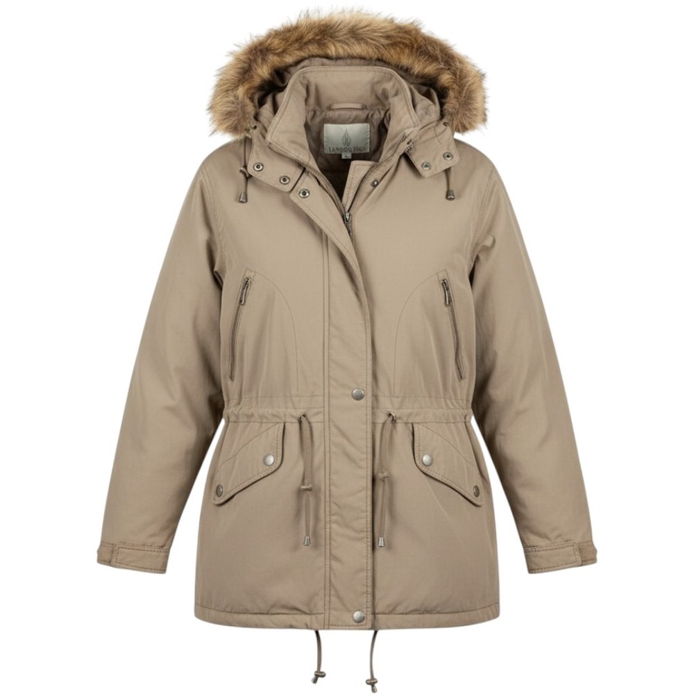 London Fog Womens XL Jacket Button on hood and liner Faux Fur trim on hood Taupe